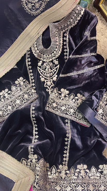 Atharva Heritage Pure Silk Velvet Violet Color Pakistani Co-ord Set with All-Over Pita Embroidery & Organza Dupatta AH181331345