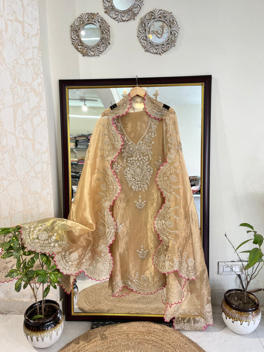 Atharva Heritage MAHARANI LUXURY TISSUE SILK With Pita Embroidery SUIT MTC003 Antique Gold
