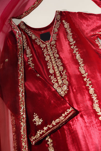 Atharva Heritage Gul-e-Shehnai Royale – Premium Pure Silk Velvet Pakistani Suit with Hand Zardozi Embroidery (Red) | Customizable | Luxury Trousseau Collection RSV165