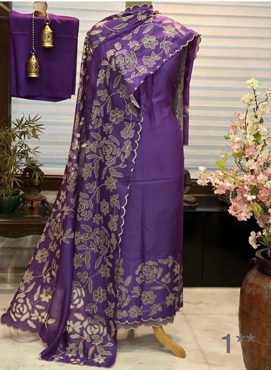 ATHARVA Hand Embroidery Salwar Kameez/Chanderi Cut-Work Shirt & Dupatta/Santoon Bottom/Custom Stitch Unstitch/Plazo/Pant/CUT8020 Purple