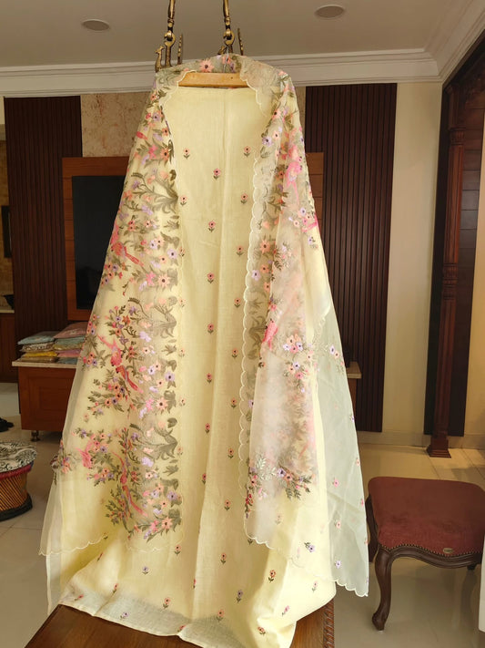 ATHARVA HERITAGE PURE CHANDERI SILK AND ORGANZA KURTA DUPATTA / PARSI GARA  EMBROIDERY CHO0014