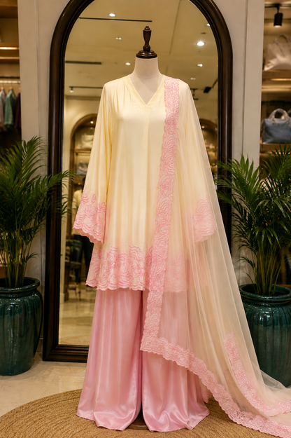 Atharva Heritage  Butter Blush Pure Satin Silk Kurta & Palazzo with Silk Organza Dupatta AH1813SCS1