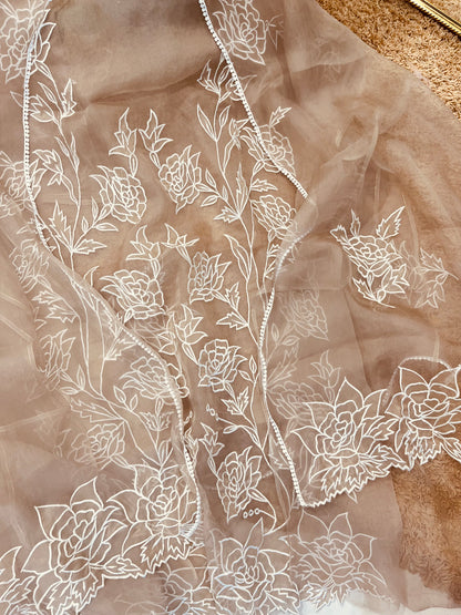 Atharva Heritage SHEER LUXURY PURE SILK ORGANZA APPLIQUE Unstitched SUIT SHEER001(Brown)