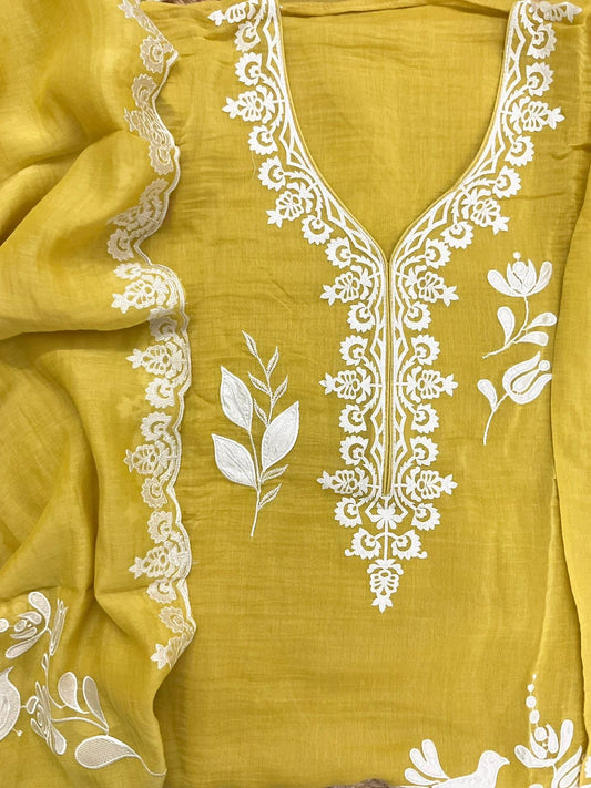 Atharva Heritage/Pure Mul Chanderi Shirt & Dupatta/French Thread Embroidery With Hand Applique /Cotton Silk  Bottom/CUT80369 Yellow