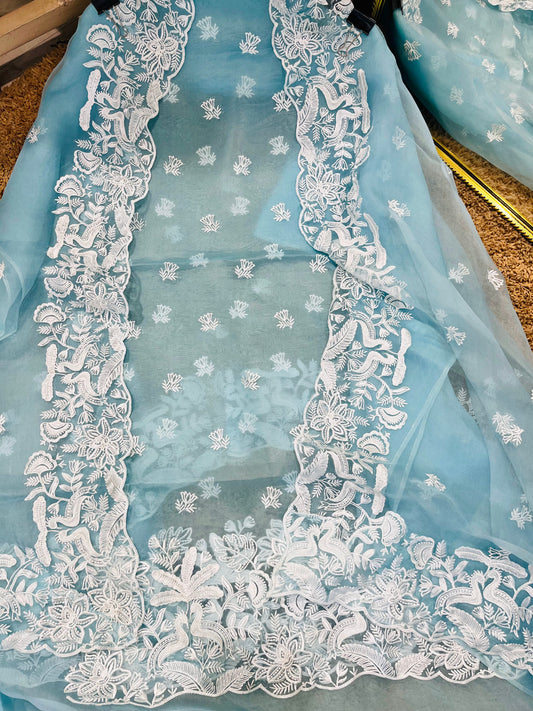 ATHARVA HERITAGE Sheer Luxury Trousseau Collection PURE SILK ORGANZA FRENCH THREAD EMBROIDERED unstitched Suit SLP0095 Blue