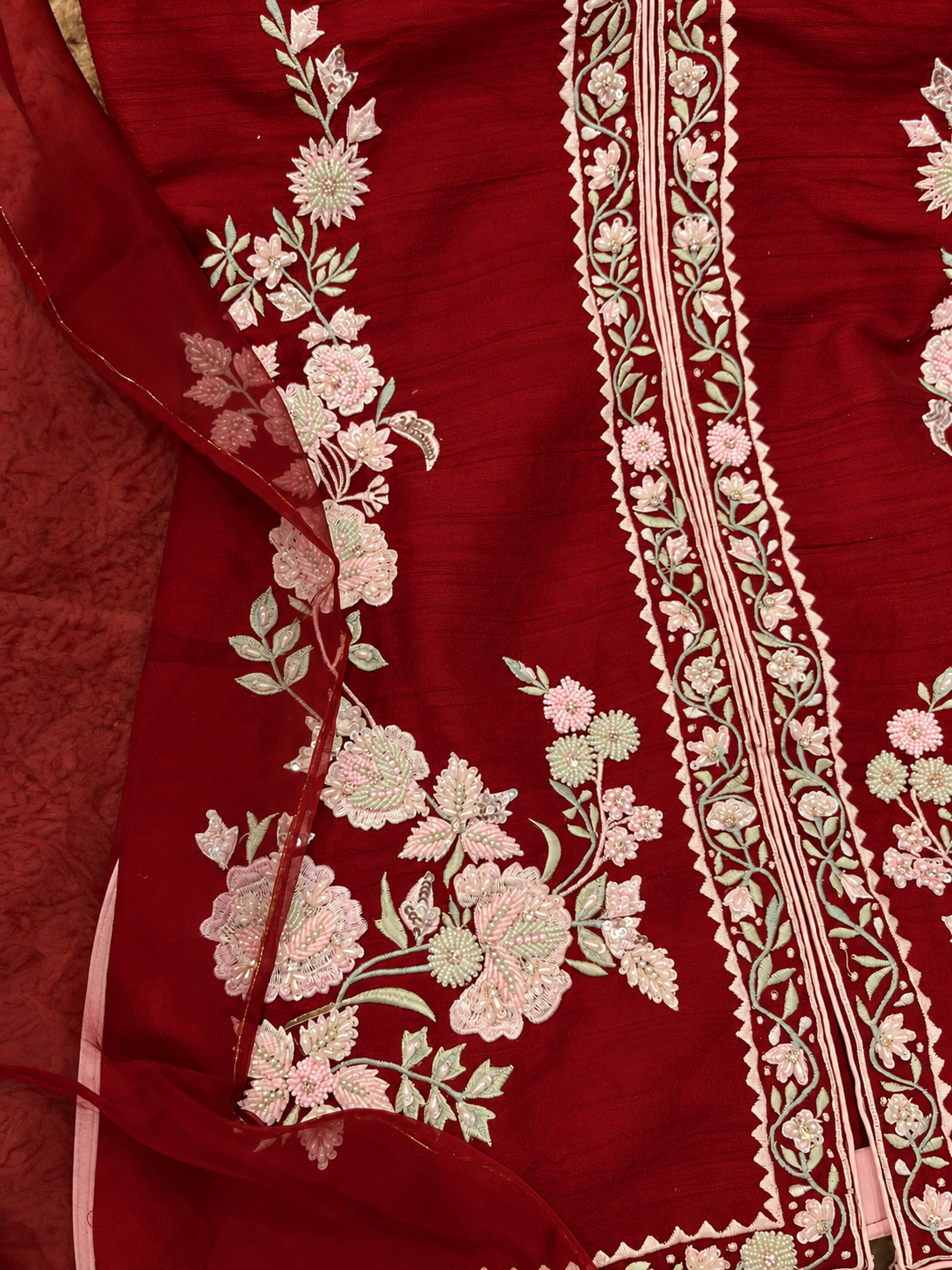 Atharva Heritage Deep Red Pure Raw Silk 100g Hand-Embroidered Jacket Style Farshi Salwar Set FSBRS51