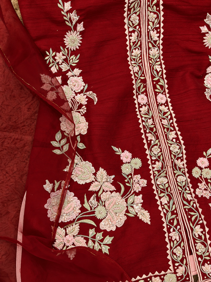 Atharva Heritage Deep Red Pure Raw Silk 100g Hand-Embroidered Jacket Style Farshi Salwar Set FSBRS51
