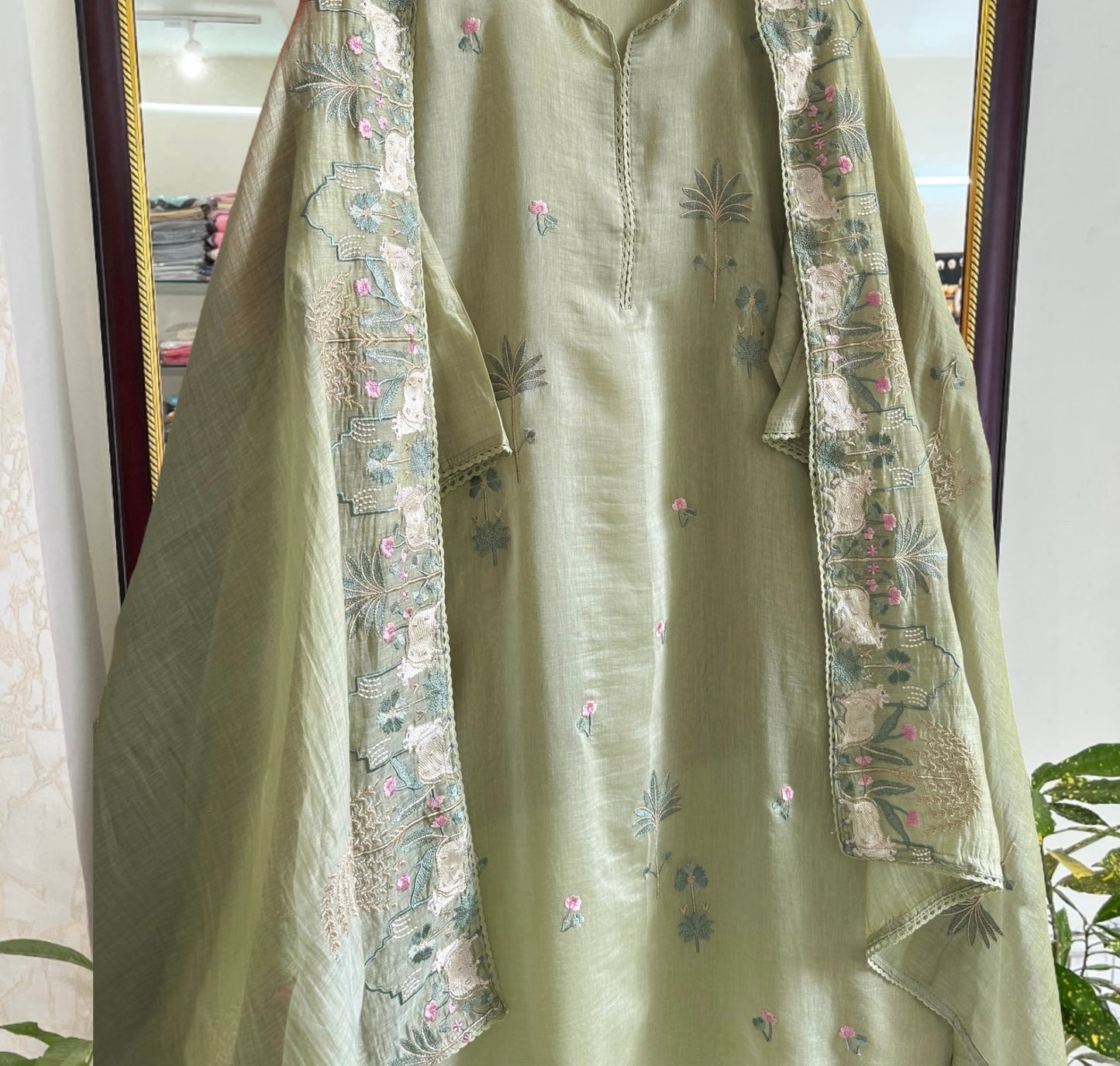 Atharva Frech Thread Pichwai motifs  Embroidered Pure Mul Chanderi Hand woven  edits MC70015PS Pista