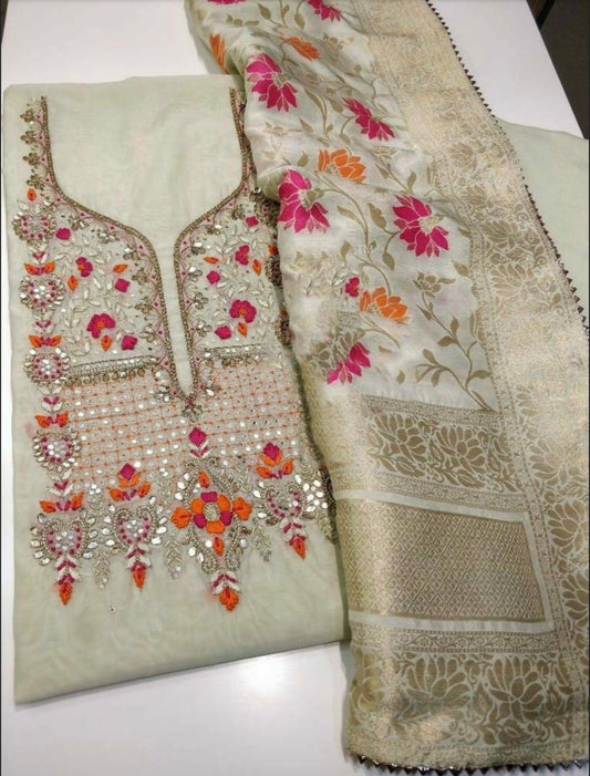 ATHARVA Hand Embroidery Salwar Kameez w/Embroidery Neck Light Beige/Banarsi Meenakari Dupatta/Gota Patti Custom Stitch/Plazo/Patiala/CH1570