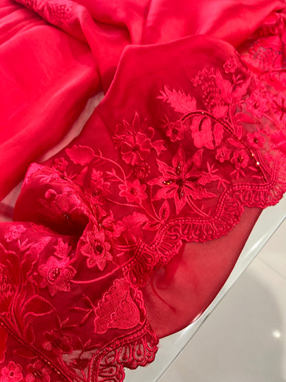 Atharva Heritage Red Kerwachauth Saree in Pure Silk Organza with French Thread Monochrome Embroidery