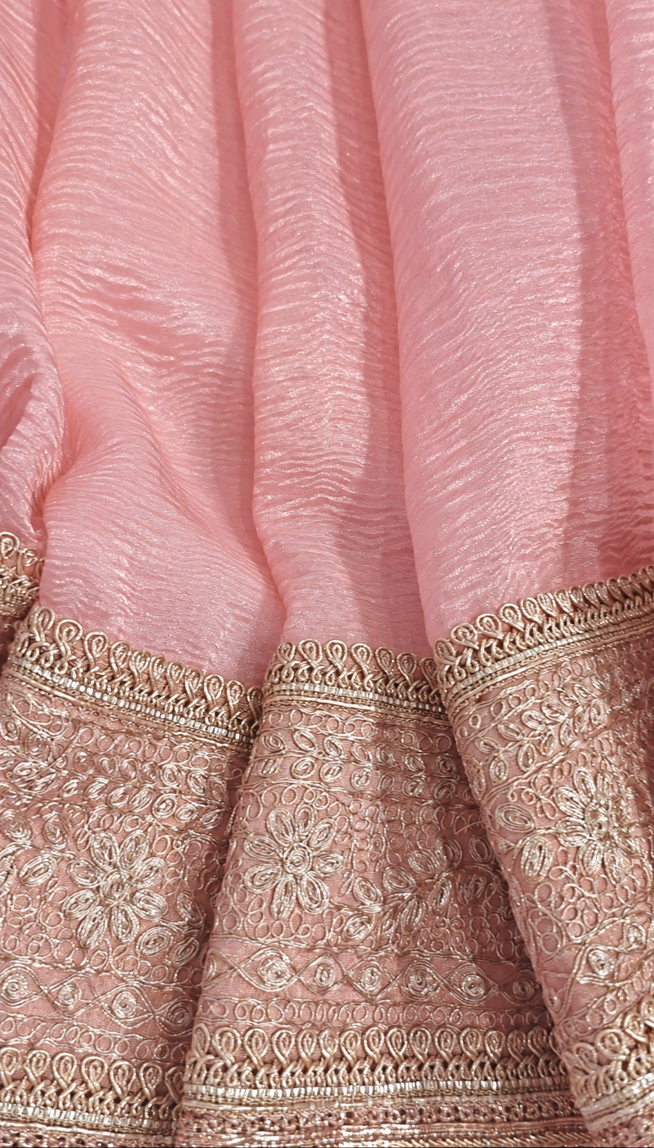 Atharva Heritage “Pure Crushed Tissue Silk Sari with Hand Pita Border & Kiran Lace – Pink