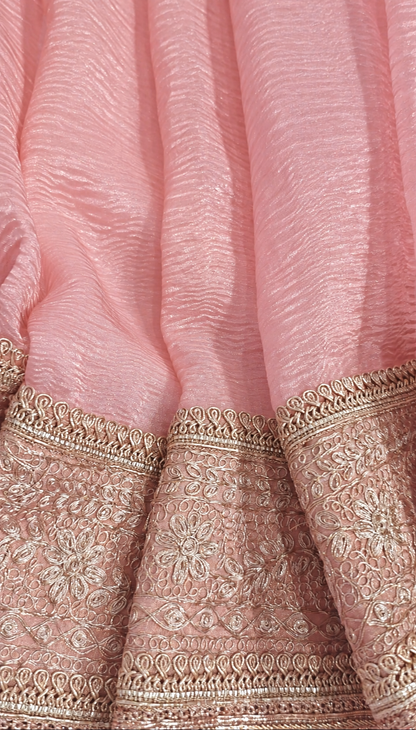 Atharva Heritage “Pure Crushed Tissue Silk Sari with Hand Pita Border & Kiran Lace – Pink