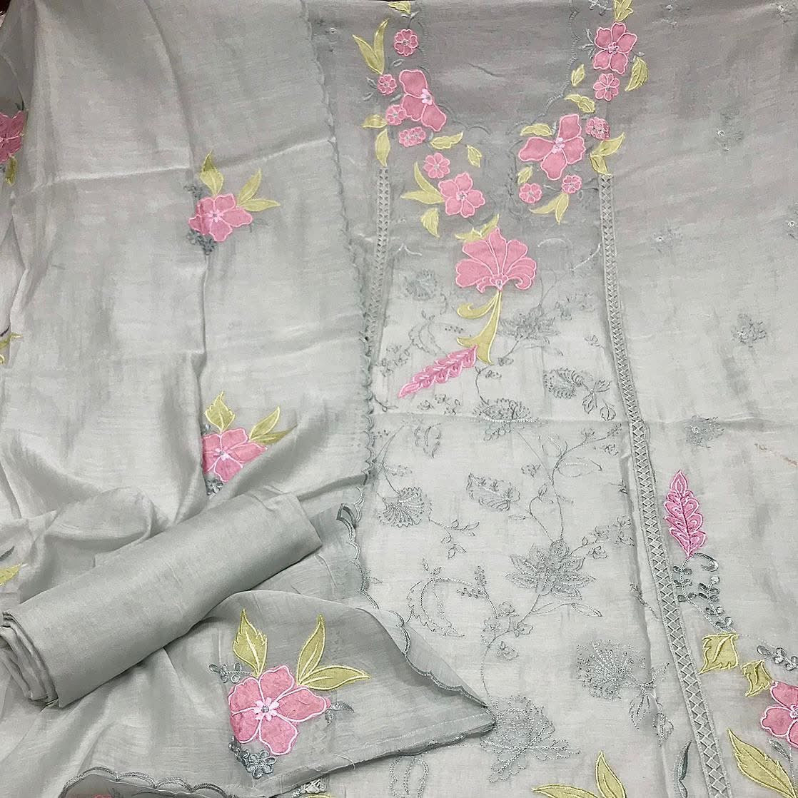 Atharva Heritage/Pure Mul Chanderi Shirt & Dupatta/ Hand Applique with Thread Embroidery/Cotton Silk  Bottom/CUT80377