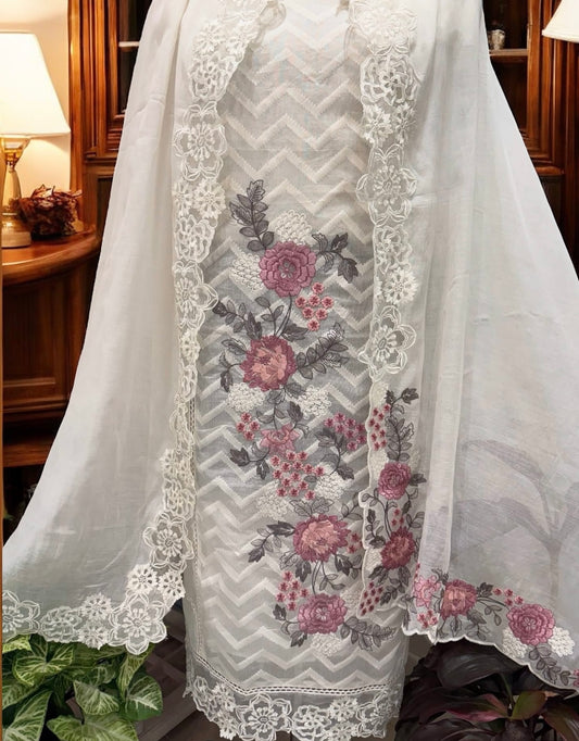 ATHARVA HERITAGE PURE MUL CHANDERI PARSI GARA SUIT MCH0085 IVORY
