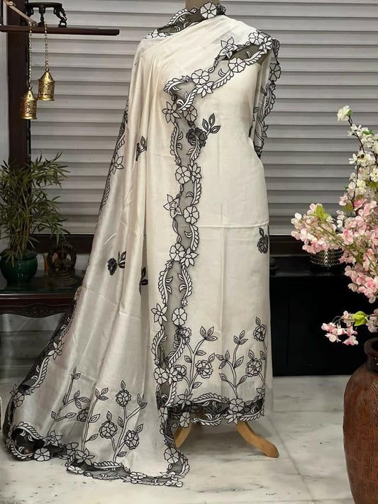 ATHARVA Hand Applique /Cutwork  Embroidery Salwar Kameez/pure Chanderi Silk Shirt & Dupatta/Santoon Bottom/Custom Stitch Unstitch/Plazo/Pant/ CUT8067 White and Black