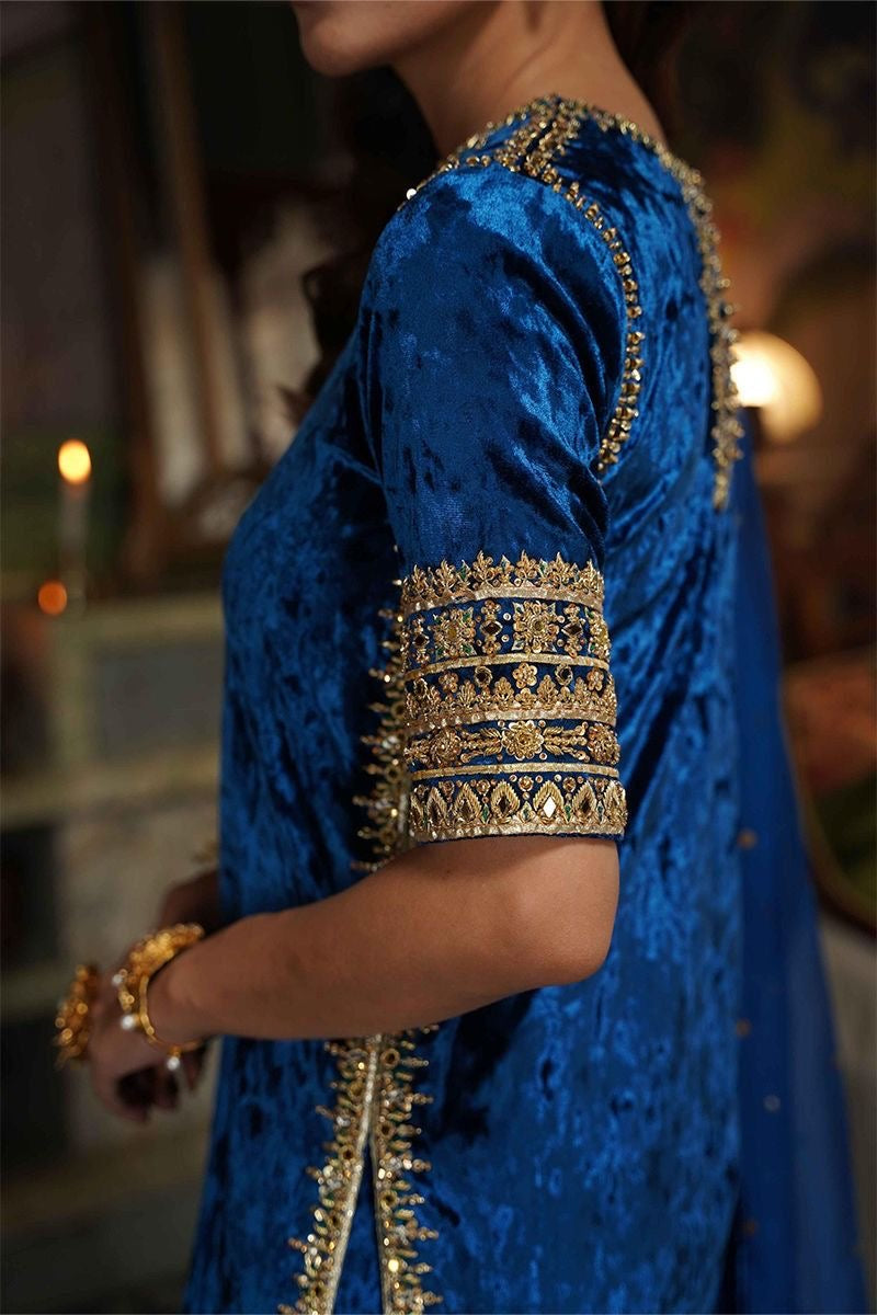 Atharva Heritage Rich Blue Pure Silk Velvet Zardozi Suit with Loose Plazo & Mukesh Kandhani Dupatta SVBMKZ1667