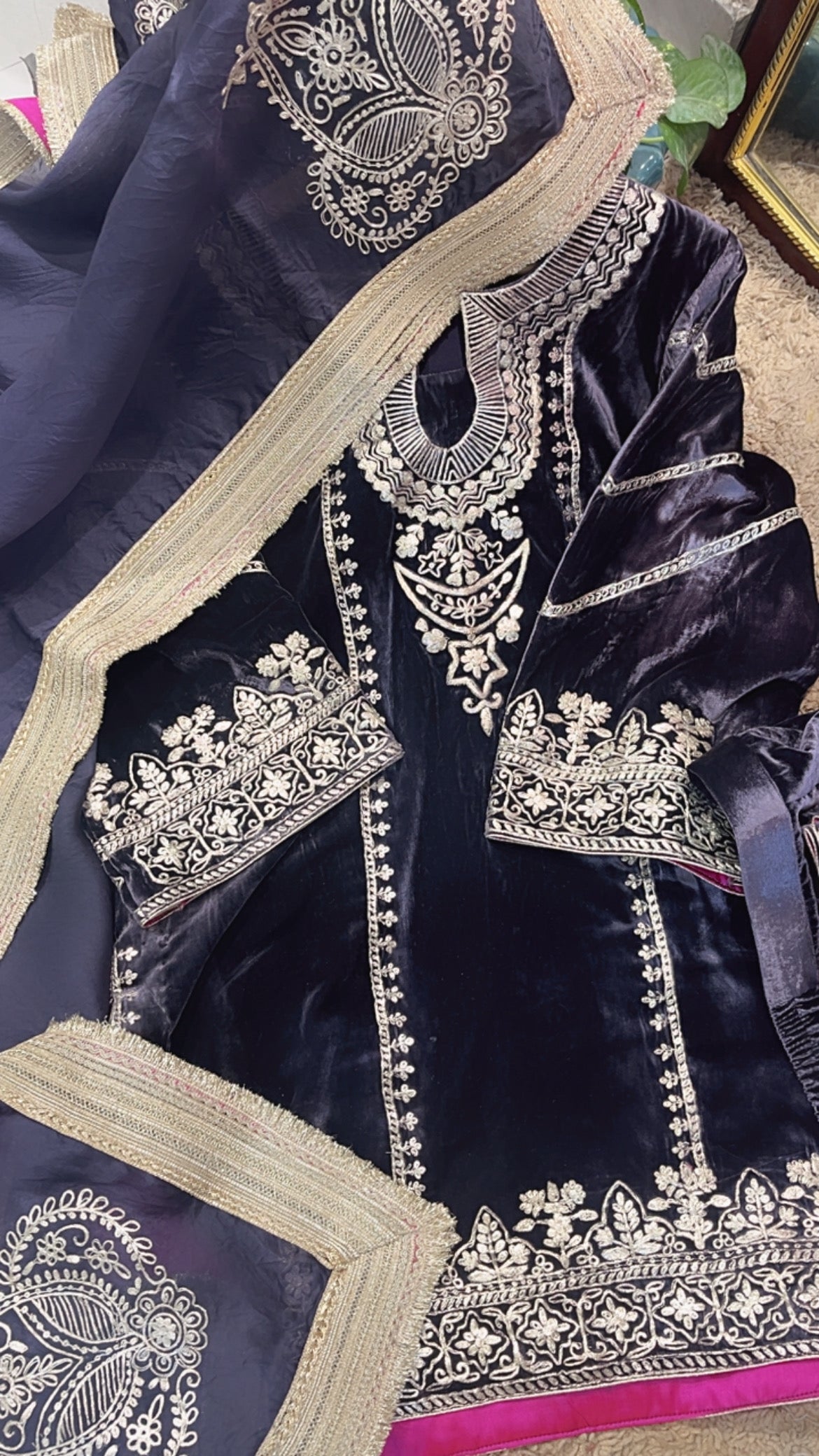 Atharva Heritage Pure Silk Velvet Violet Color Pakistani Co-ord Set with All-Over Pita Embroidery & Organza Dupatta AH181331345
