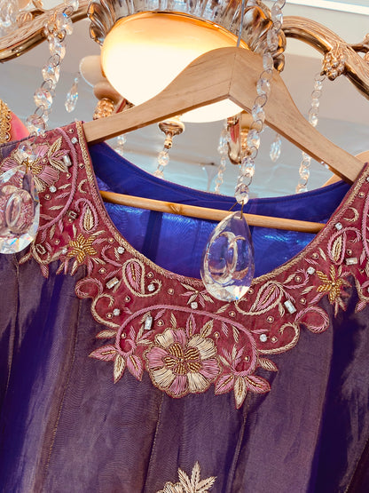 Atharva Heritage Purple & Pink Hand-Woven Tissue Silk Anarkali with Zardozi Embroidery – Luxury Stitched & Unstitched Suit
