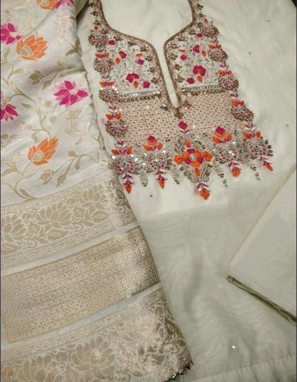 ATHARVA Hand Embroidery Salwar Kameez w/Embroidery Neck Light Beige/Banarsi Meenakari Dupatta/Gota Patti Custom Stitch/Plazo/Patiala/CH1570