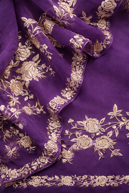 Atharva Heritage Pure Silk Organza Parsi Gara Deep Purple Embroidery Suit SOP543