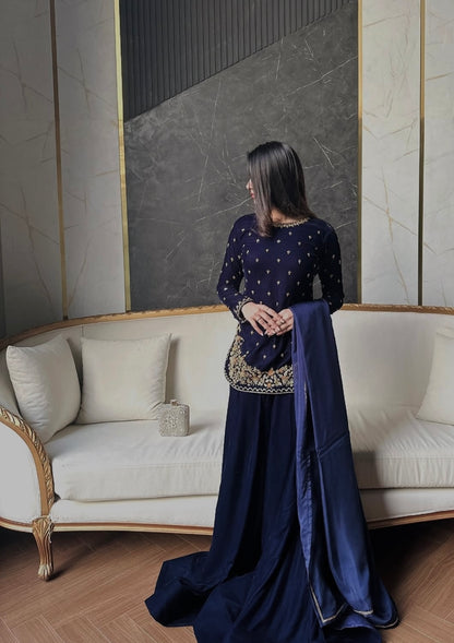 Atharva Heritage Royal Blue Pure Silk Velvet Garara Set with Hanzardozi Embroidery 181331921