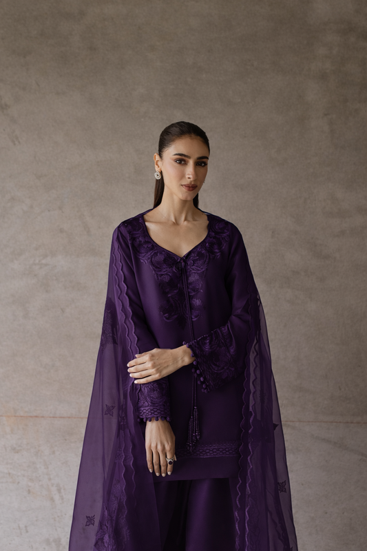 Atharva Heritage Pure Satin Silk Purple Farsi Salwar Set with Organza Dupatta AH18133191