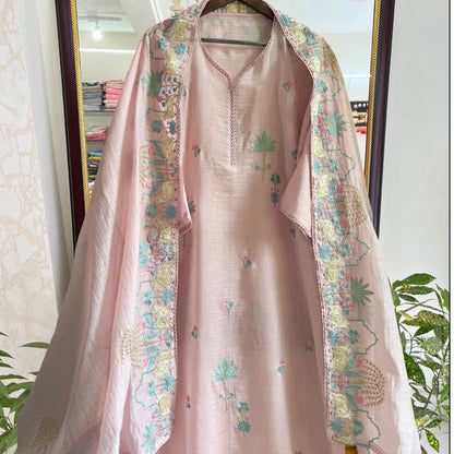 Atharva Frech Thread Pichwai motifs  Embroidered Pure Mul Chanderi Hand woven  edits MC70015P Pink