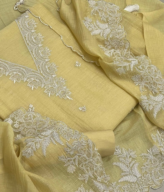 PURE MUL CHANDERI  kurta AND Dupatta Thread Embroidered UNSTITCHED SUIT CH54240Y Yellow