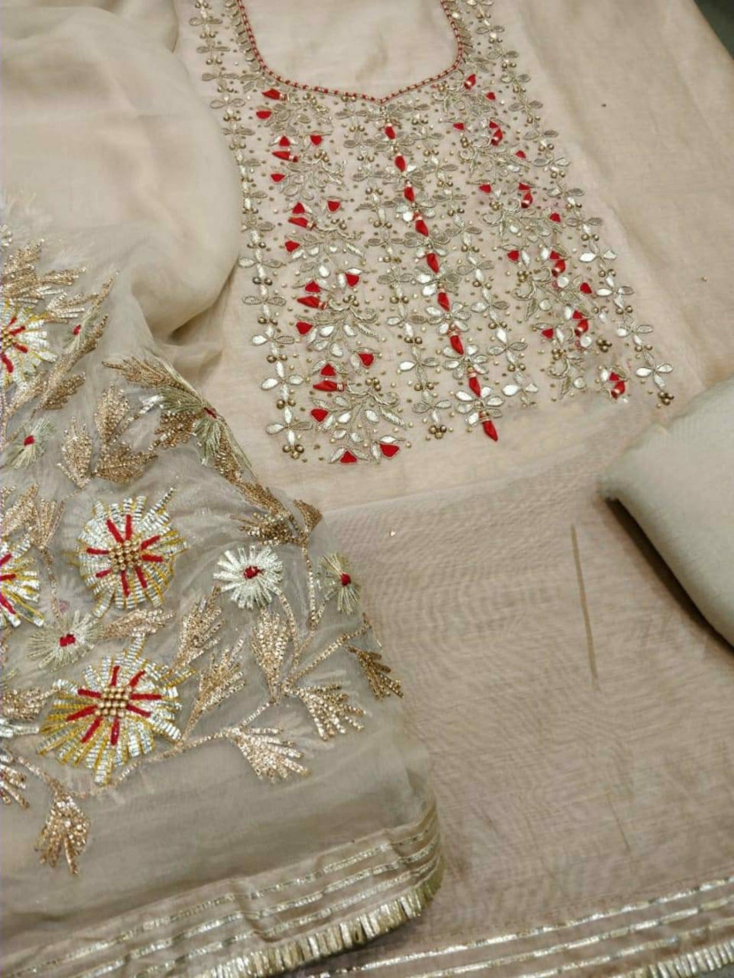 ATHARVA Hand Embroidery Salwar Kameez /Chiffon Dupatta With Stunning Gota & Trim/Custom Stitch Unstitch/Gift/Patiala/Anarkali/Churridar/CH17320 Beige