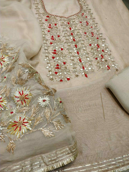 ATHARVA Hand Embroidery Salwar Kameez /Chiffon Dupatta With Stunning Gota & Trim/Custom Stitch Unstitch/Gift/Patiala/Anarkali/Churridar/CH17320 Beige