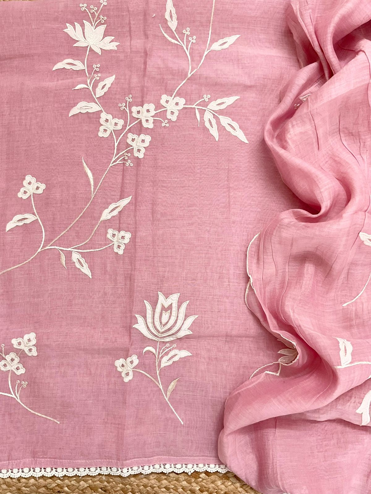 Atharva Heritage/Pure Mul Chanderi Shirt & Dupatta/ Hand Applique /Cotton Silk  Bottom/CUT80372 Dusty Pink