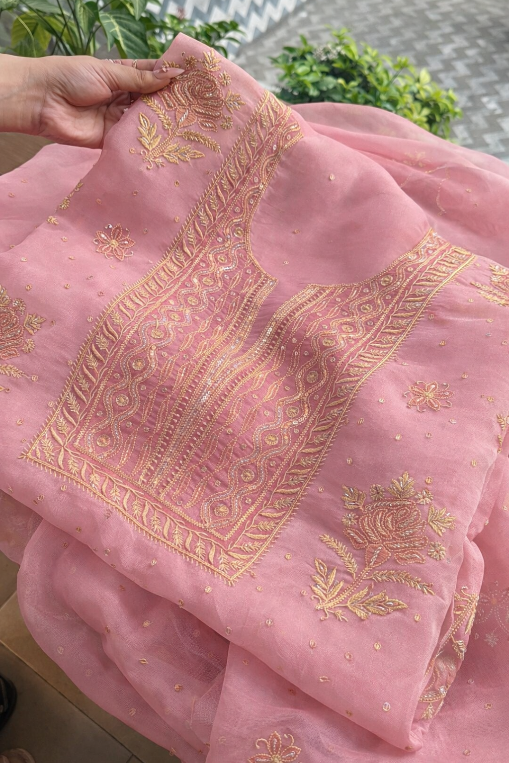 Atharva Heritage Powder Pink Noor Organza Silk Chikankari Unstitched Kurta Dupatta Set SL89000646
