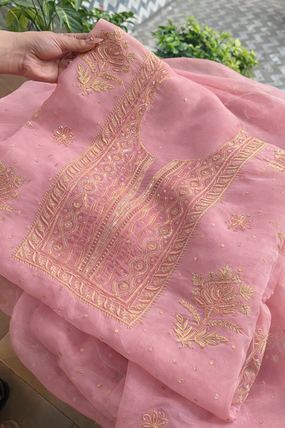 Atharva Heritage Powder Pink Noor Organza Silk Chikankari Unstitched Kurta Dupatta Set SL89000646