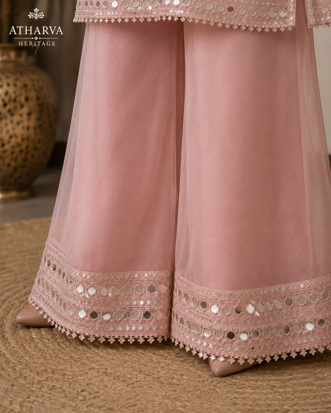Atharva Heritage Luxury Pure Silk Organza Mirror Work Co-Ord Set | Hand Embroidered Yoke & Bell Sleeves | Premium Palazzo | Atharva Heritage AH1813CS132