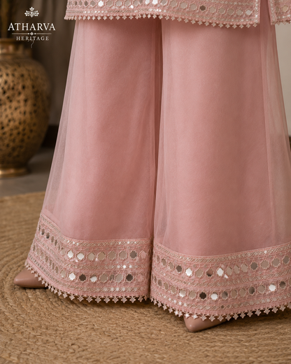Atharva Heritage Luxury Pure Silk Organza Mirror Work Co-Ord Set | Hand Embroidered Yoke & Bell Sleeves | Premium Palazzo | Atharva Heritage AH1813CS132