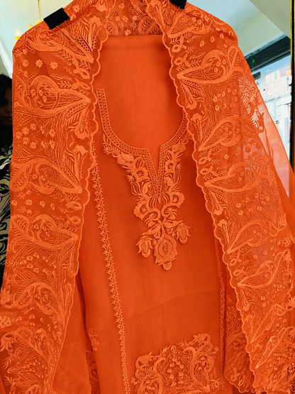 Atharva Heritage Pure Silk Organza Burnt Orange French Thread Monochrome Embroidered unstitched Front and Back  Pakistani Suit SLP001