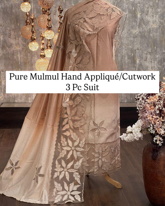ATHARVA Hand Cutwork Salwar Kameez/PURE Mulmul  Cut-Work/Applique Shirt & BOTTOM/PURE Mulmul  DUPATTA/Custom Stitch Unstitch/Plazo/Pant/ CUT8058