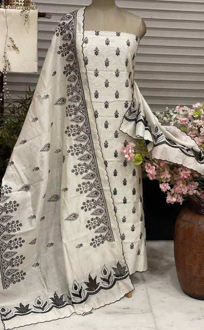 PURE CHANDER SILK  PARSI GARA SUIT with Cutwork on width CH5420 Black and white