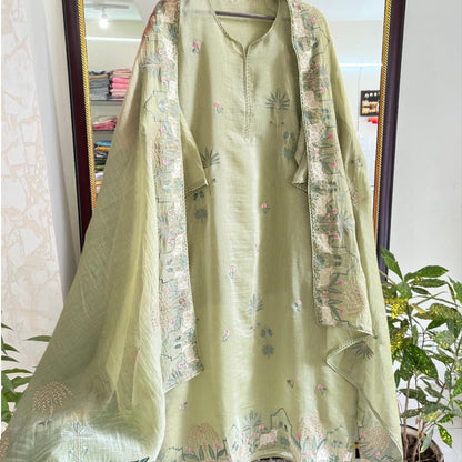 Atharva Frech Thread Pichwai motifs  Embroidered Pure Mul Chanderi Hand woven  edits MC70015PS Pista