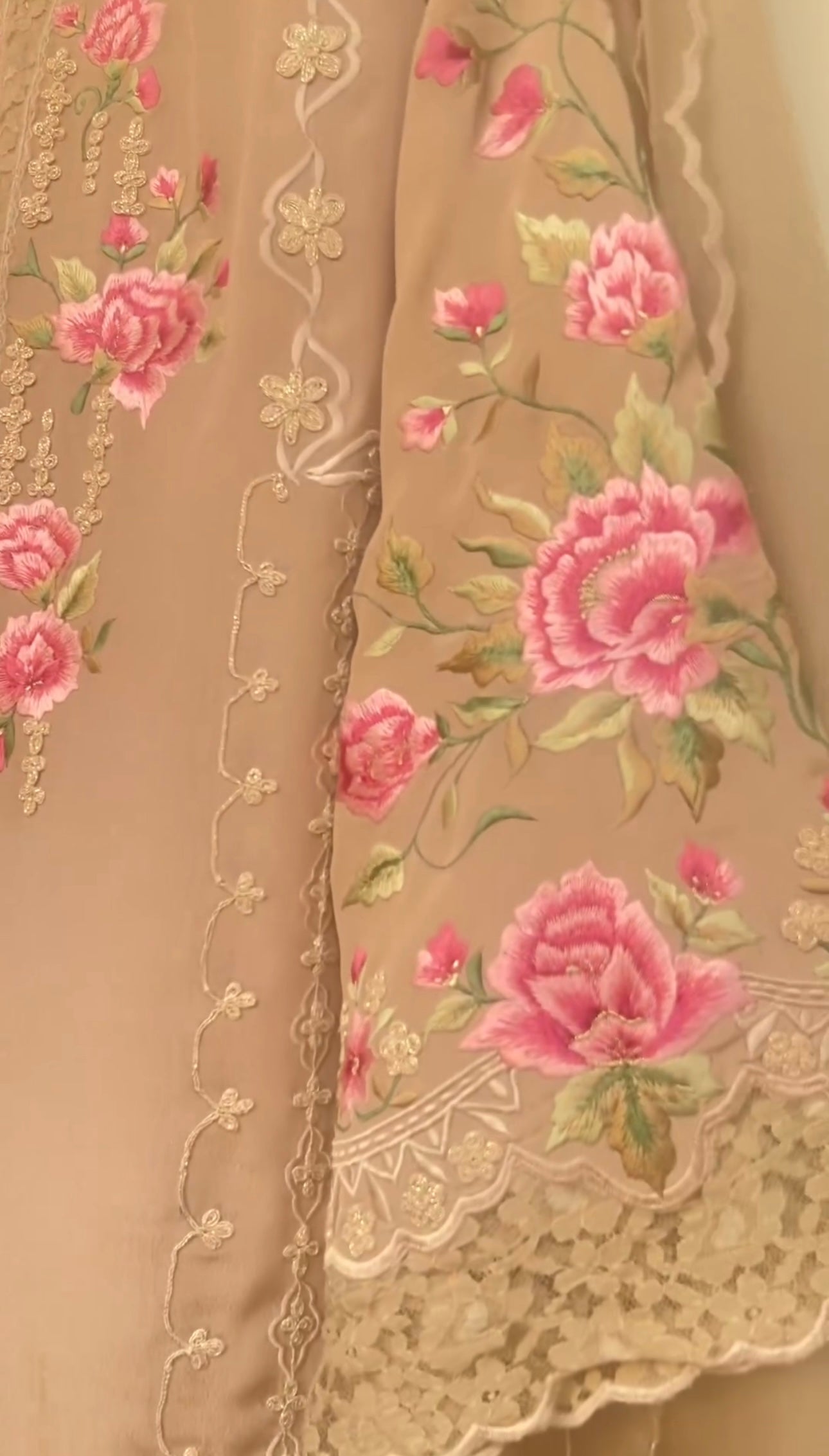 Atharva Heritage Beige Elegance in every stitch: Embrace the timeless beauty of Pure Georgette Parsi Gara  suit paired with a delicate Georgette Lace Designer Dupatta." GE0057 Beige
