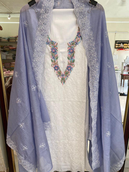 Atharva Embroidered Cotton Salwar Kameez/Tepchi Embroidered Mul Cotton Dupatta Lavender/Cotton Embroidery Shirt White Chikankari/Cotton  Bottom- MCK006