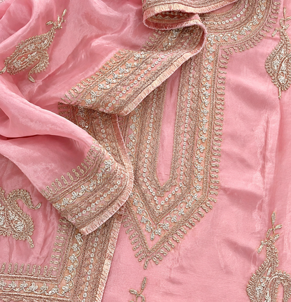 Atharva Heritage MAHARANI LUXURY Hand Woven TISSUE SILK 80 Grams SUIT with Rose Gold Dori Embroidery AHMTC002 Powder Pink