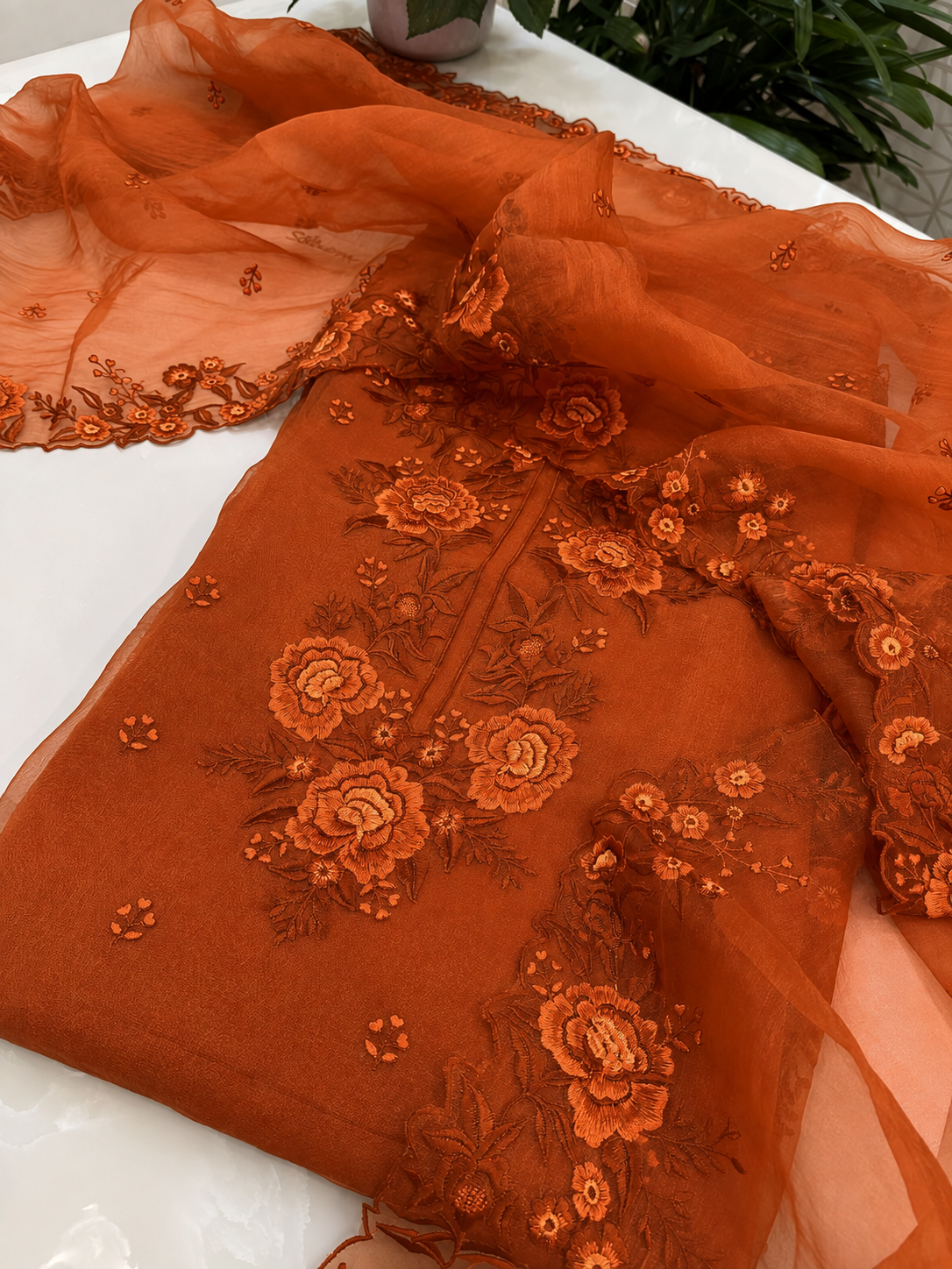 Atharva Heritage Sheer Luxury Pure Silk Organza Parsi Embroidered Monochrome Trousseau Collection unstitched Suit AH1867
