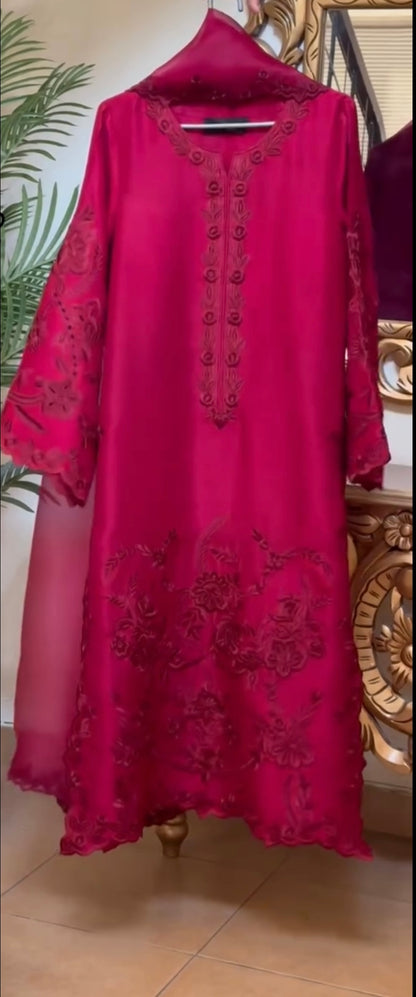 Atharva Heritage "Enchanting Elegance: Pure Satin Silk 80 Grams  Pakistani Suits Adorned with Exquisite Parsi Embroidery MS003