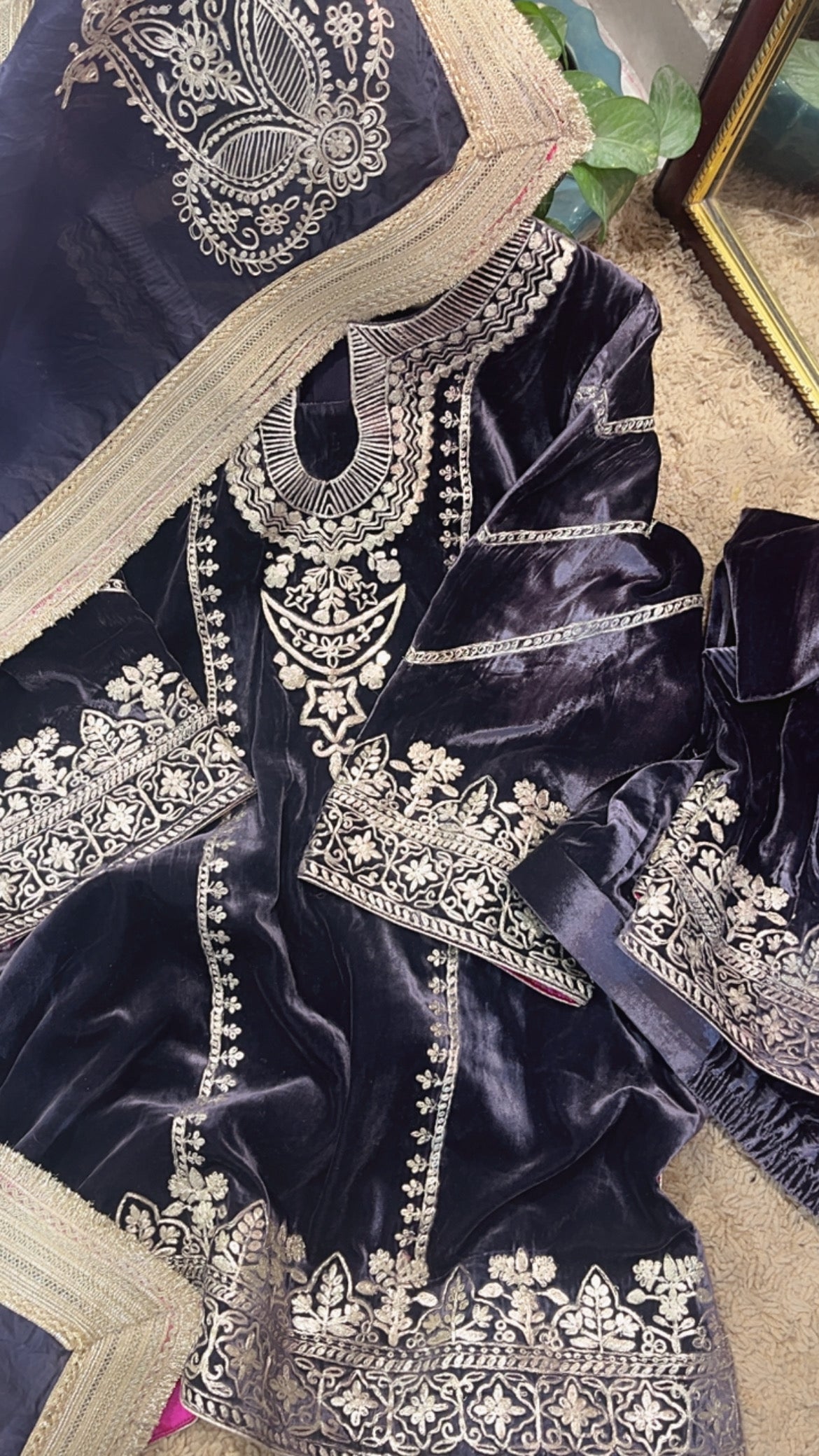 Atharva Heritage Pure Silk Velvet Violet Color Pakistani Co-ord Set with All-Over Pita Embroidery & Organza Dupatta AH181331345