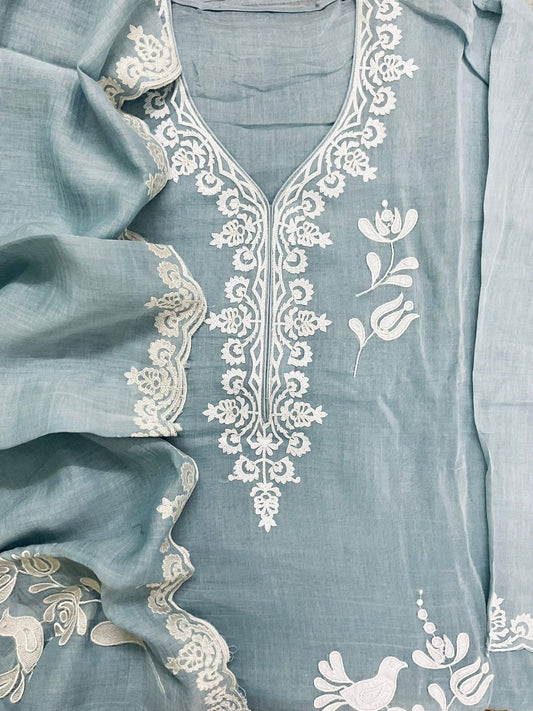 Atharva Heritage/Pure Mul Chanderi Shirt & Dupatta/French Thread Embroidery With Hand Applique /Cotton Silk  Bottom/CUT80370 English Blue