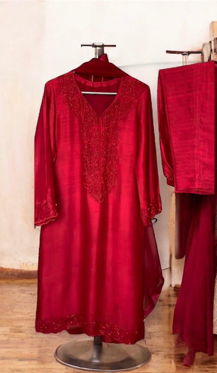 Atharva Luxe – Pure Silk Luxury Kurta Set with Handcrafted Ghera Sleeves & Organza Dupatta PSH0068-R