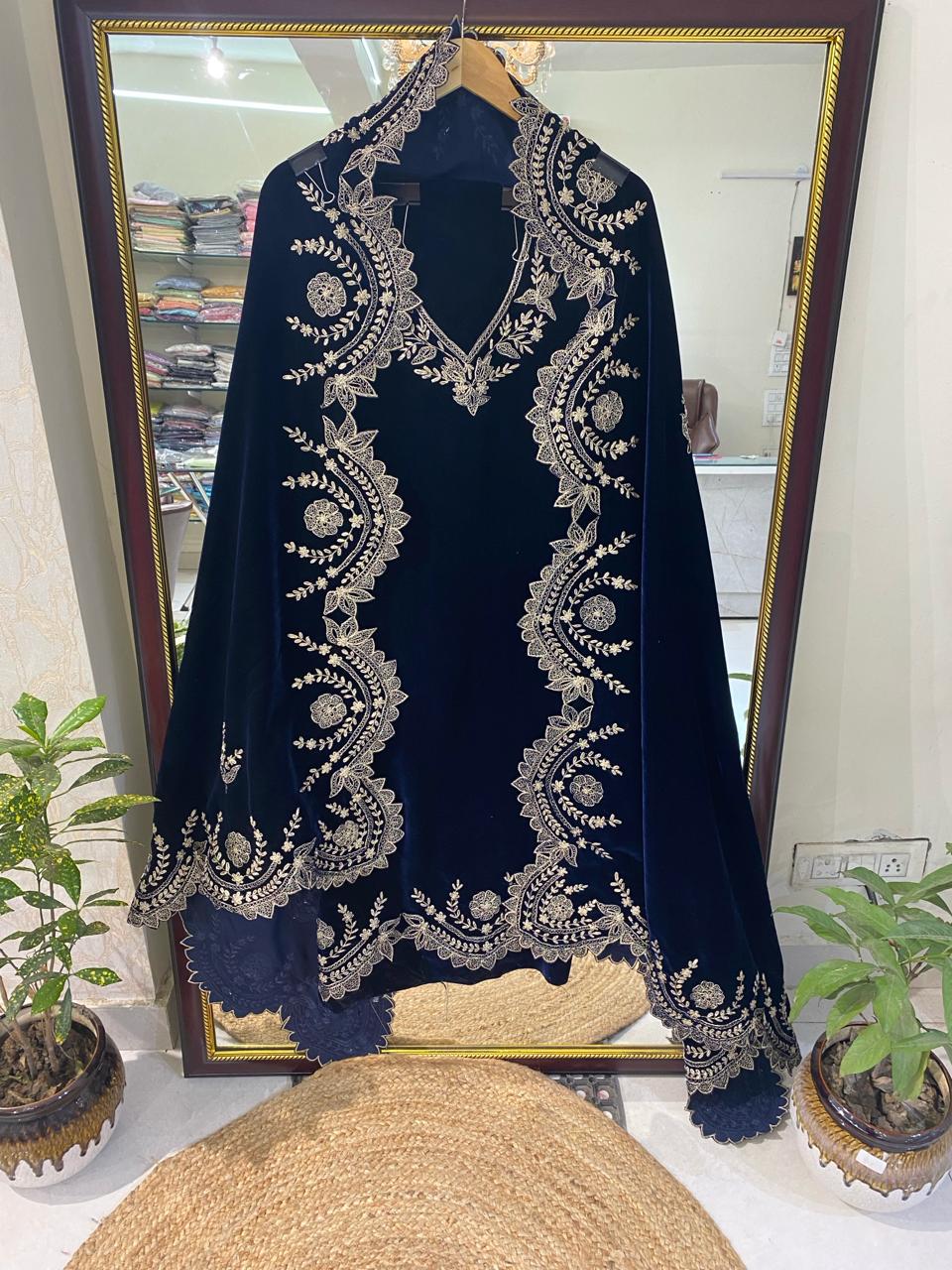 Atharva Heritage Royal Blue Silk Velvet Suit Set with Pita Tilla Embroidery | Unstitched Luxury Maharani Ensemble