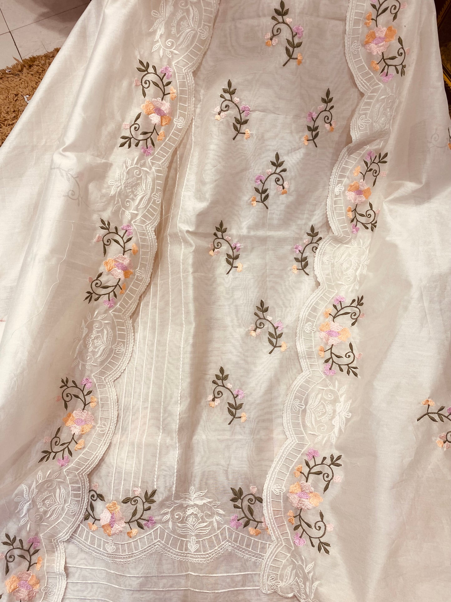 PURE CHANDERI SILK KASHMIRI AARI SUIT CH5438 IVORY