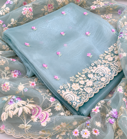Atharva Heritage Sheer Luxury /Pure Silk Organza PARSI GARA Front and back SUIT Powder Blue SLO651
